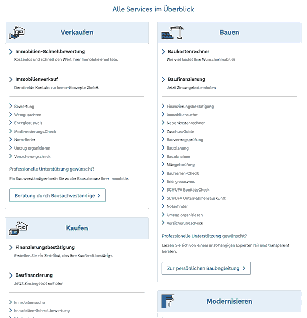 Screen aller angebotenen Services
