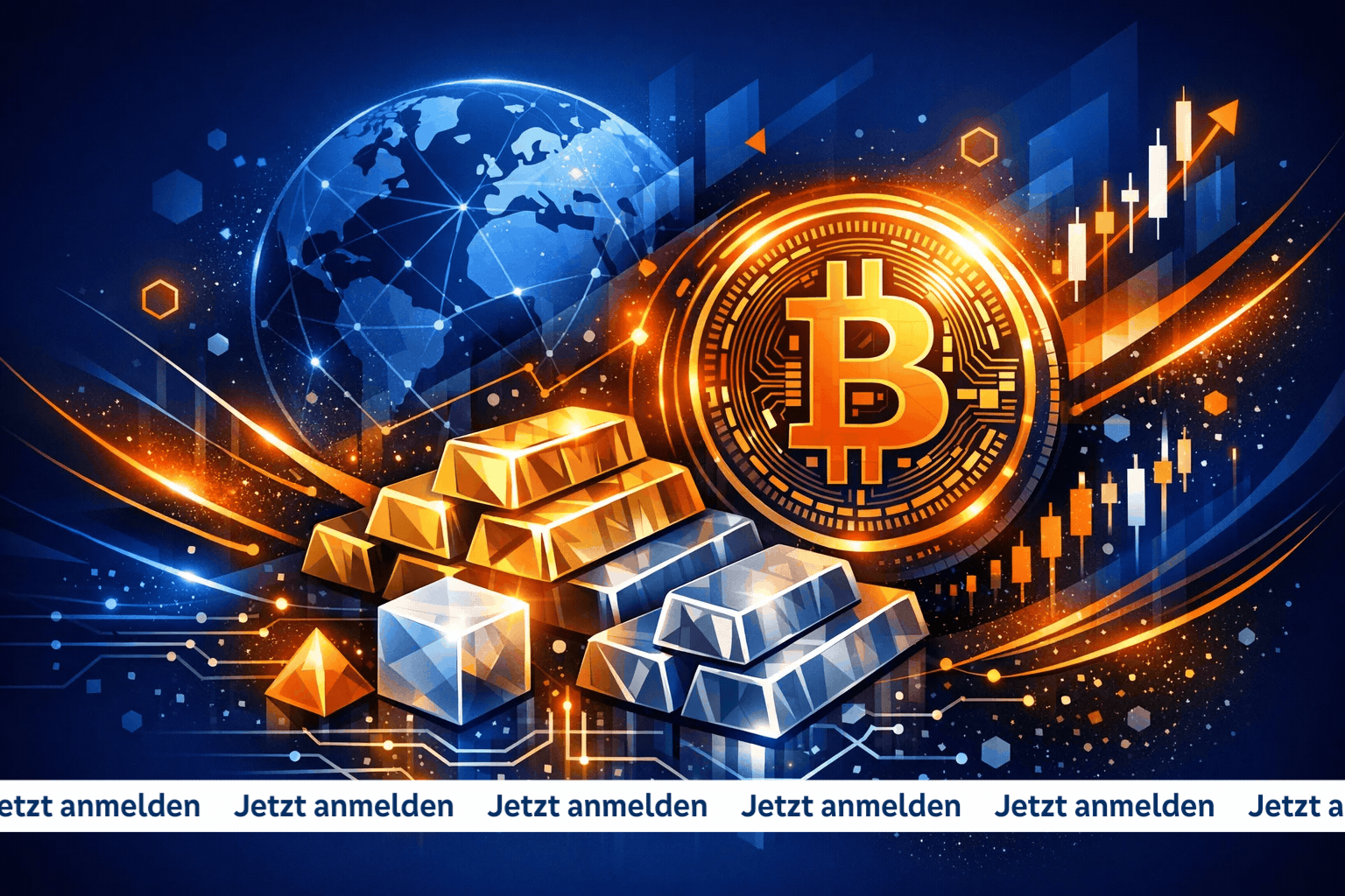 Grafik mit blauer Weltkugel, Bitcoin Symbol und blauen und goldenen Edelmetallbarren im Vordergrund