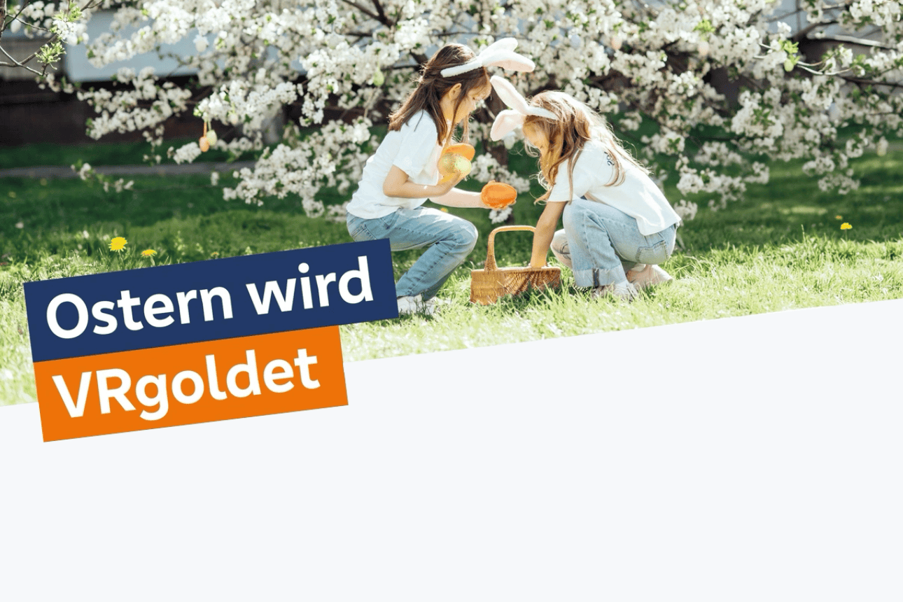 Ostern wird VRgoldet- Zwei Kinder mit Hasenohren sammeln Ostereier ein