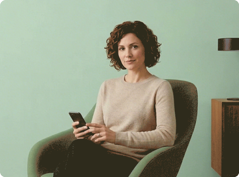 Frau schaut auf ihr Handy und lächelt