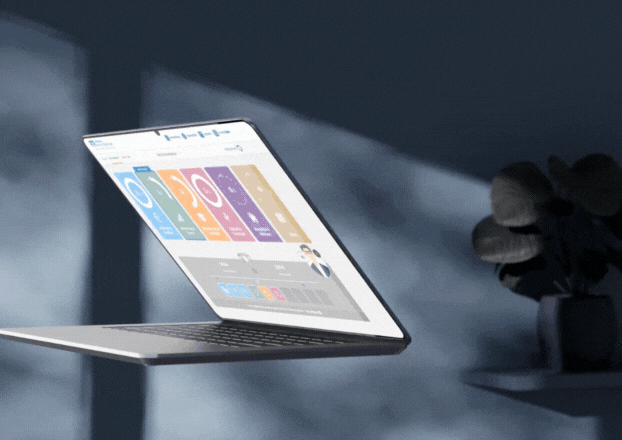 Ein Laptop, der sich öffnet, auf dem die Hausbankapplikation abgebildet ist.