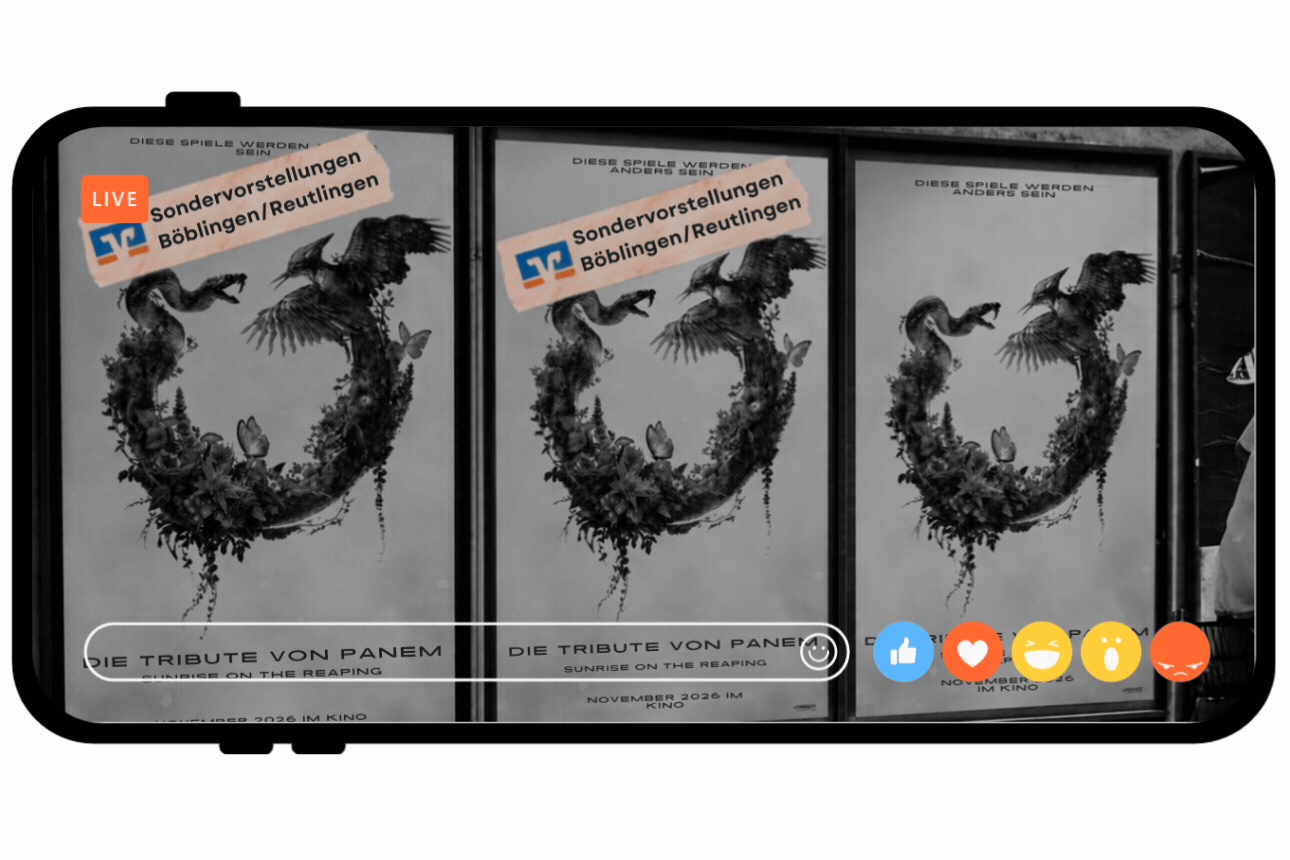Drei Kinoplakate zu „Die Tribute von Panem“ mit Hinweis auf Sondervorstellungen in Böblingen und Reutlingen.
