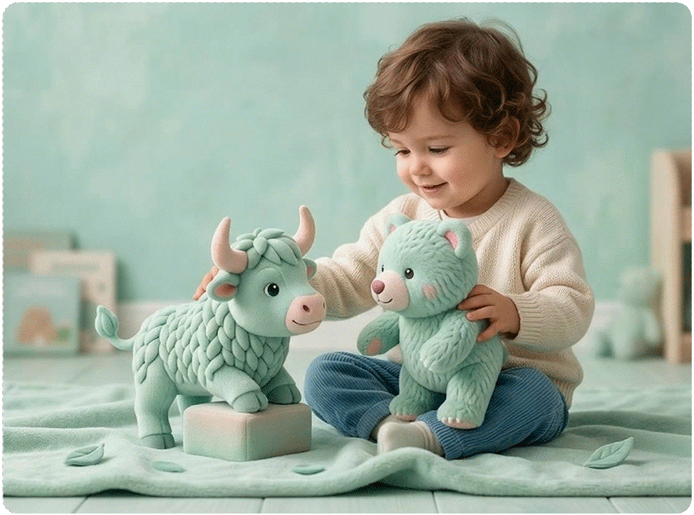 Kind spielt mit Kuscheltieren
