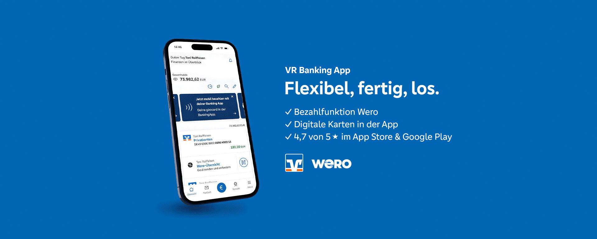 VR Banking App – Flexibel, fertig, los. Bezahlfunktion Wero. Digitale Karten in der App. 4,7 von 5 Sterne