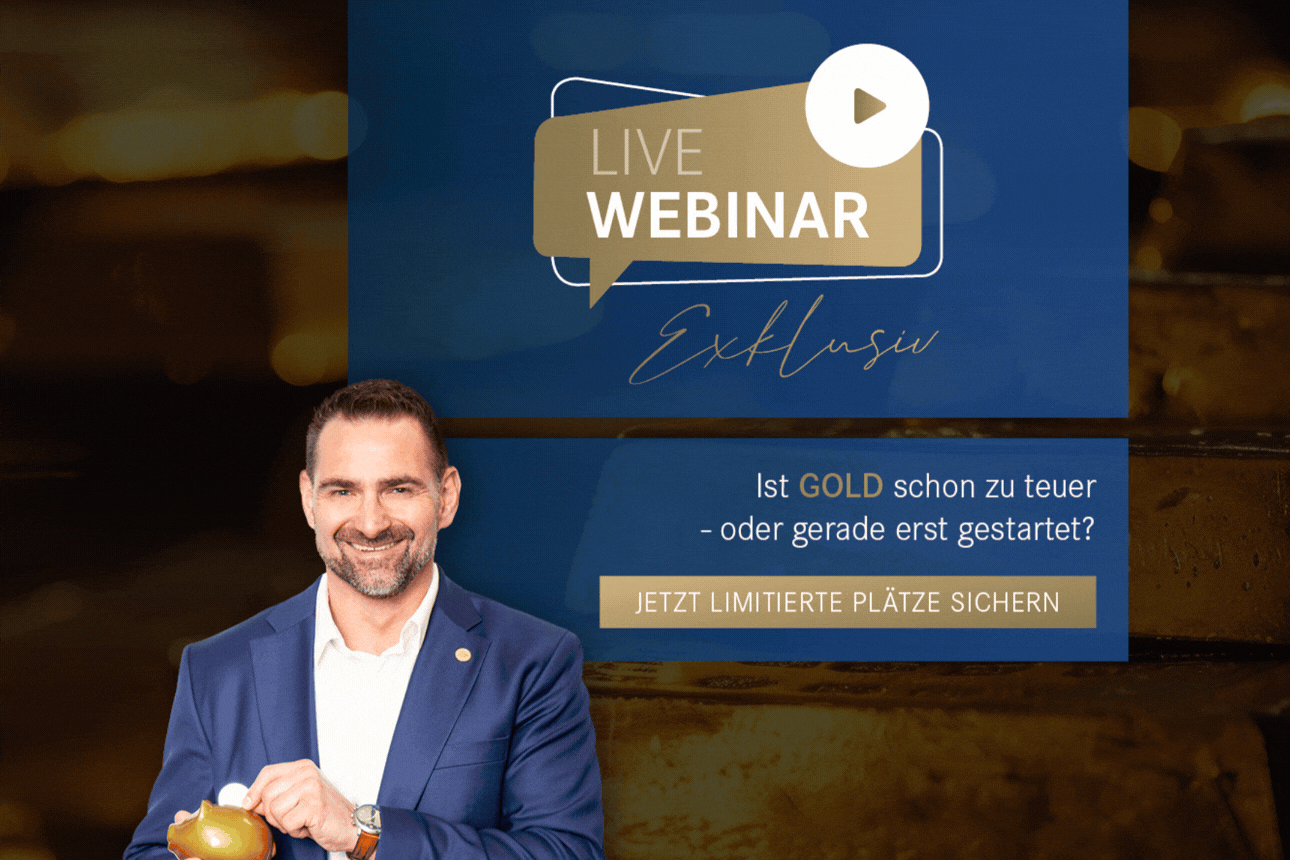 Werbegrafik für ein Live‑Webinar über Gold mit Texthinweisen und Person, die einen Goldbarren hält.