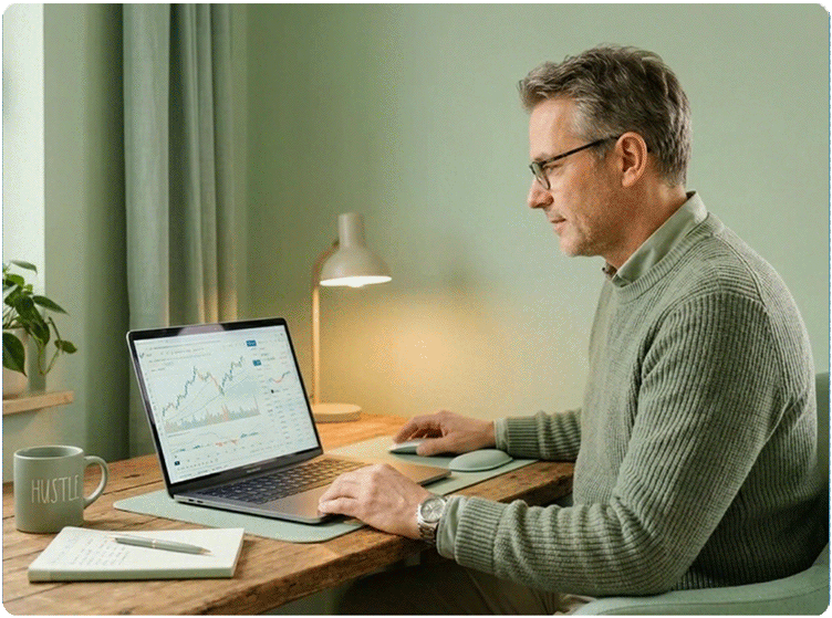 Mann arbeitet am Laptop