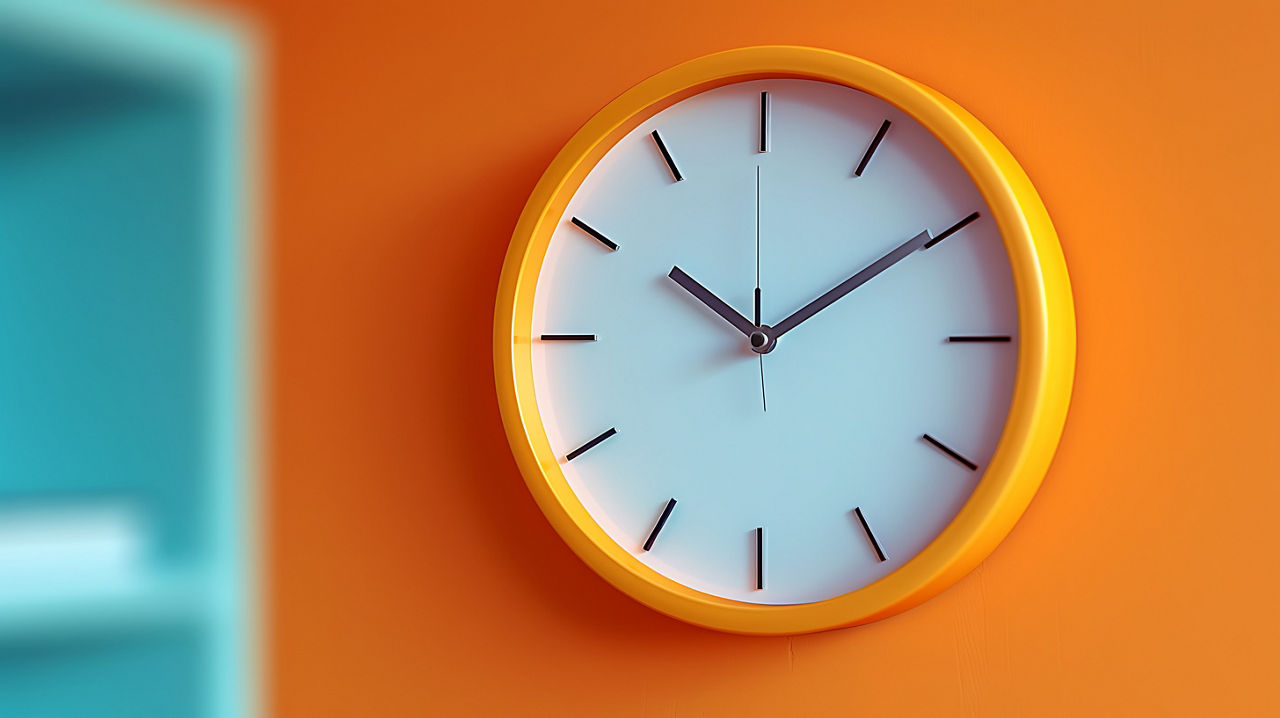 Eine Wanduhr hängt an einer orangenen Wand.