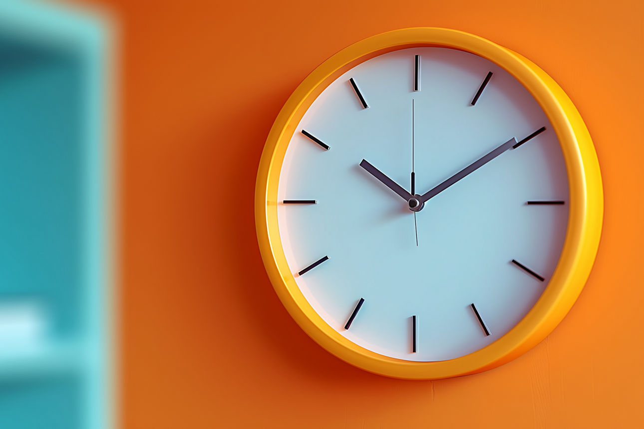 Eine Wanduhr hängt an einer orangenen Wand.