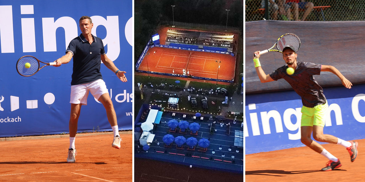 Collage: Tennisprofi Patrik Kühnen, Tennisplatz  mit Flutlicht, Tennisprofi Oscar Otte