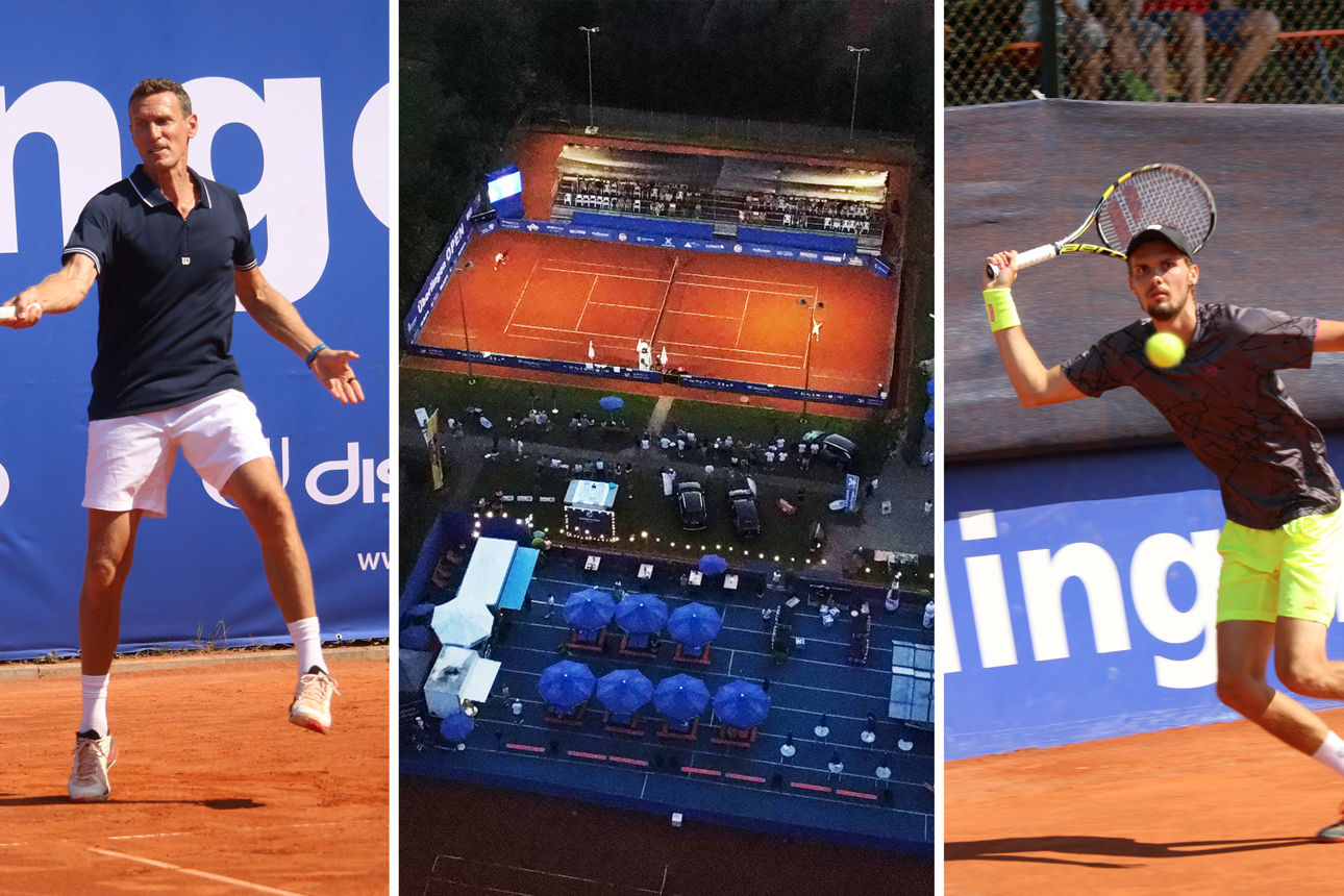 Collage: Tennisprofi Patrik Kühnen, Tennisplatz  mit Flutlicht, Tennisprofi Oscar Otte
