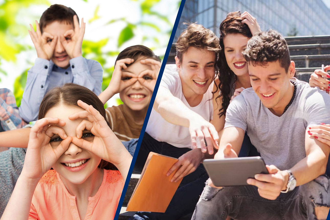 Links fröhliche Kinder, rechts junge Erwachsene mit Tablet – eine Bildkombination für Entwicklung und gemeinsames Lernen.