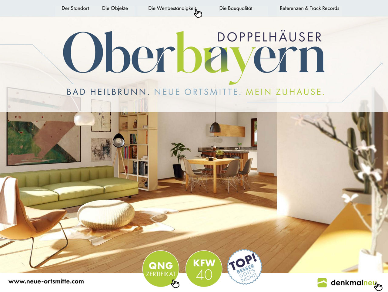 Website-Screenshot: Eine helle Webseite mit dem Titel "Oberbayern Doppelhäuser Bad Heilbrunn. Neue Ortsmitte. Mein Zuhause."