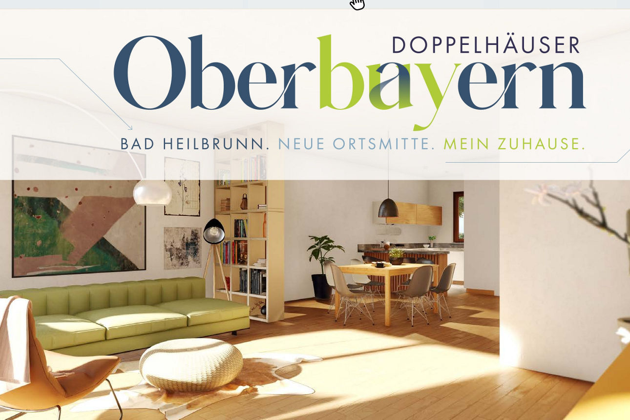 Website-Screenshot: Eine helle Webseite mit dem Titel "Oberbayern Doppelhäuser Bad Heilbrunn. Neue Ortsmitte. Mein Zuhause."
