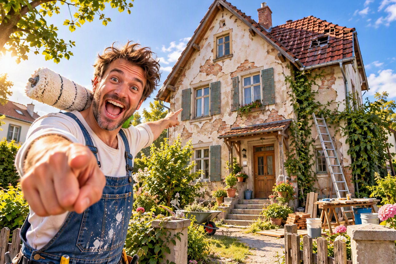 Sympathischer Handwerker steht vor einem renovierungsbedürftigen Haus. Mit einem motivierten Lächeln zeigt er zunächst auf den Betrachter und dann auf das Haus, als wollte er sagen: Gemeinsam packen wir's an.