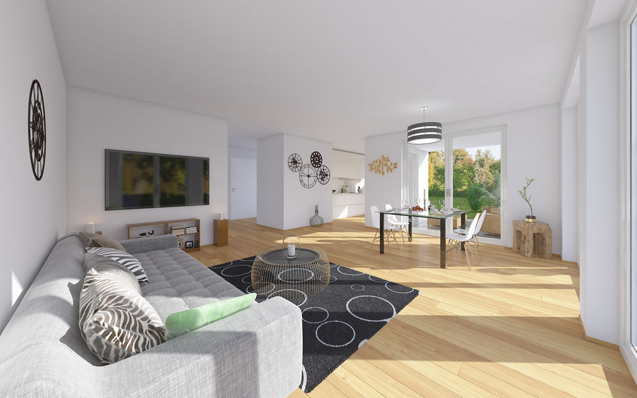 Illustration: Einrichtungsbeispiel Wohnzimmer Haus A
