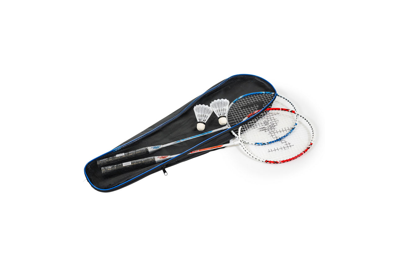 Ein Badminton Set aus zwei Schlägern, zwei Bällern und Schläger-Hüllen