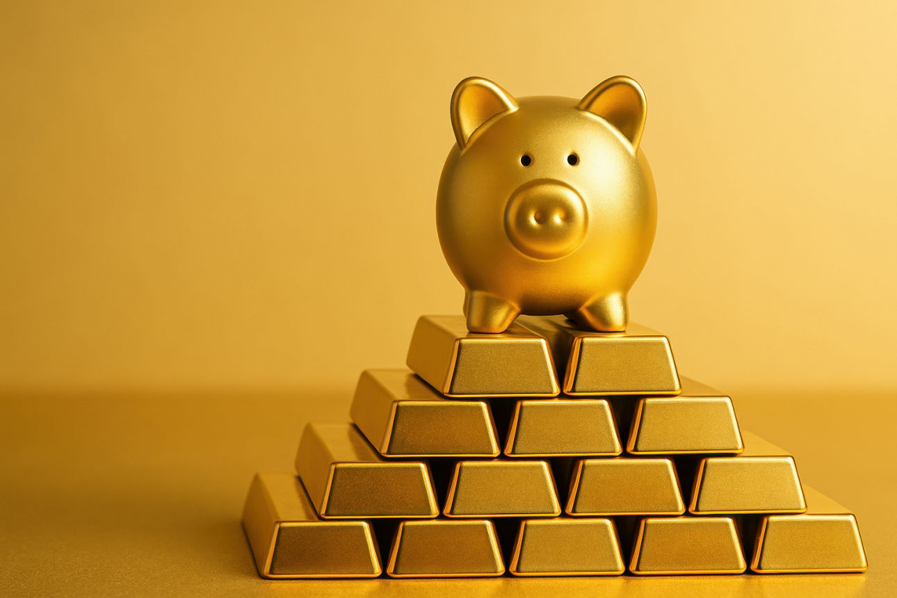 A golden piggy bank stands proudly atop a pyramid of gold bars, representing the essence of savings and financial security in a luxurious environment. Ideal for finance-themed content.