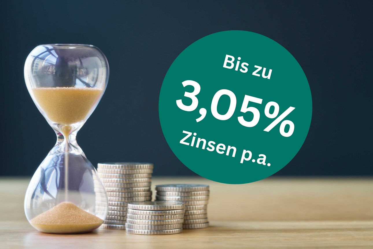 Sanduhr und Stapel Münzen auf einem Tisch. Schriftzug "Bis zu 3,05% Zinsen p.a."