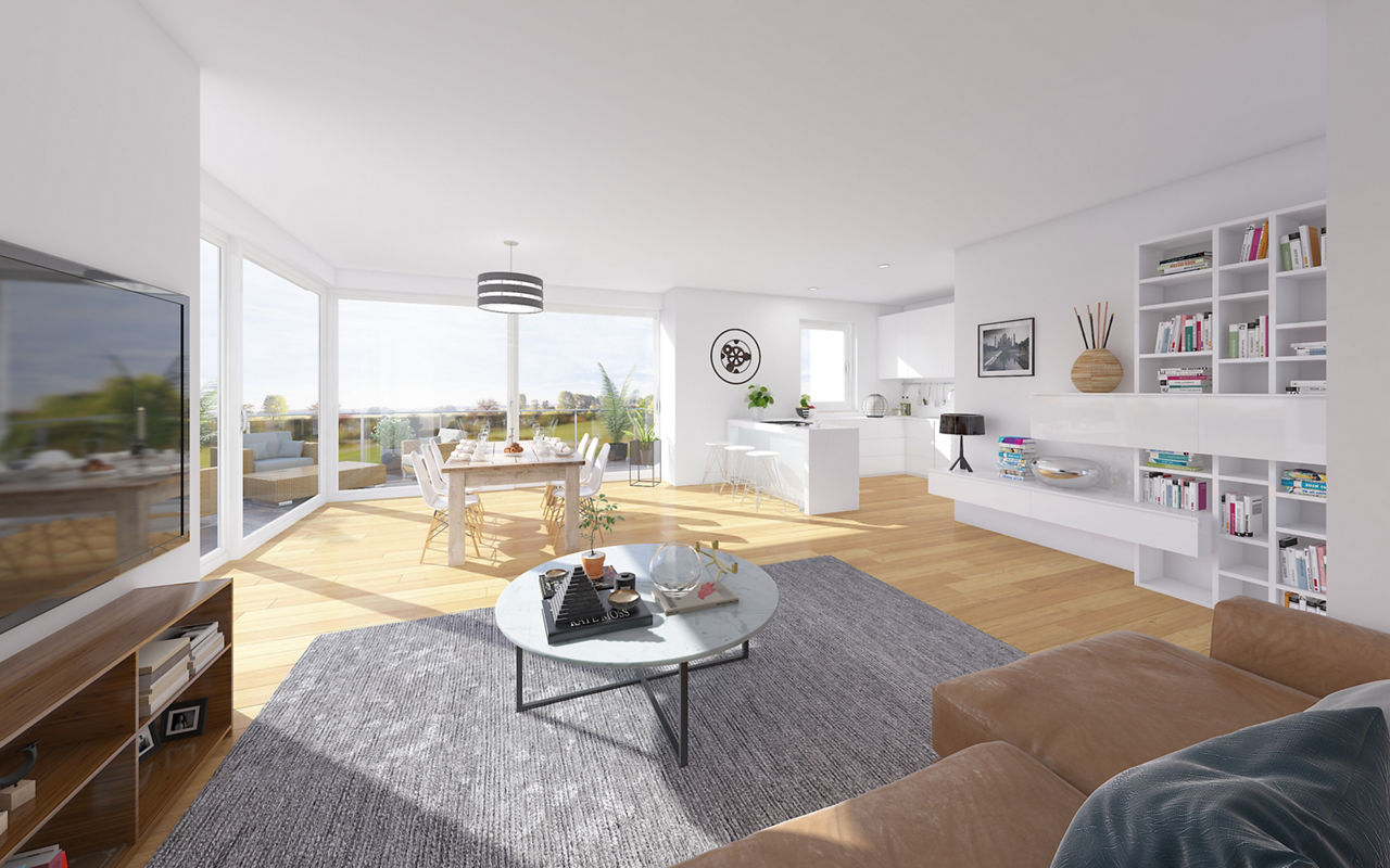 Illustration: Einrichtungsbeispiel Wohnzimmer Haus B