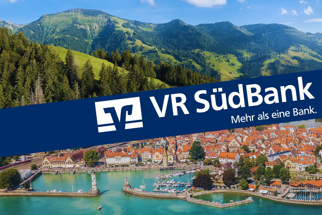 Titelbild der VR SüdBank mit Bilder von Bergen und dem Bodensee