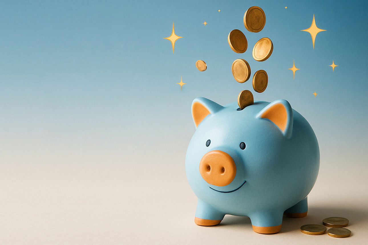 Blaues Sparschwein in das goldene Münzen reinschweben mit Sternen