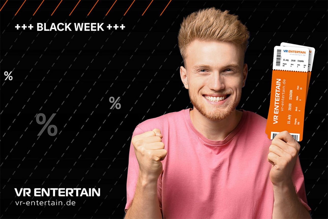 Mann mit Black Week Karten VR-Entertain