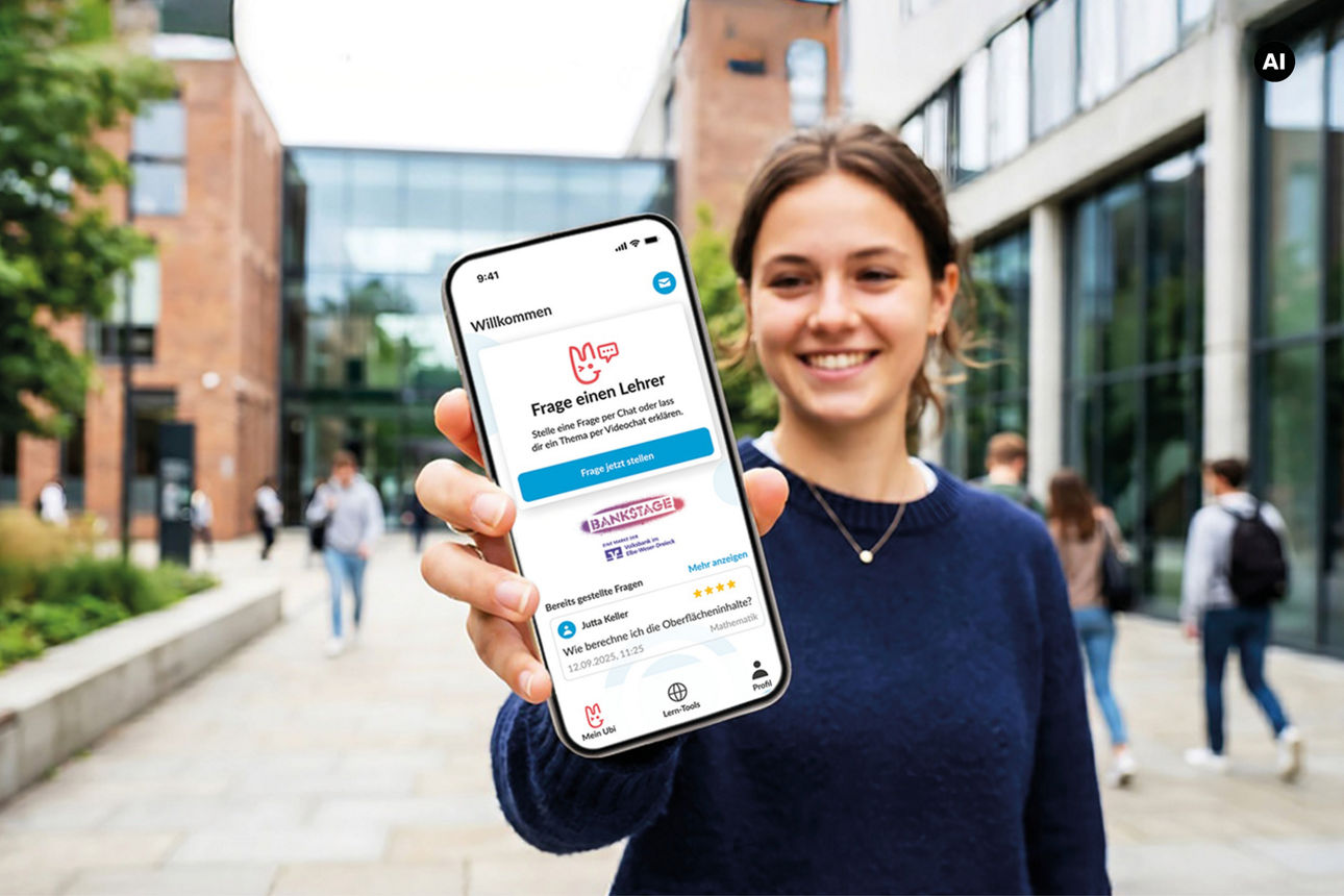 Eine Schülerin hält eine ubiMaster App auf einem SmartPhone in die Kamera