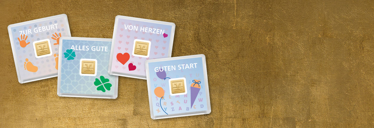 Verschiedene Goldstücke mit Volksbankprägung