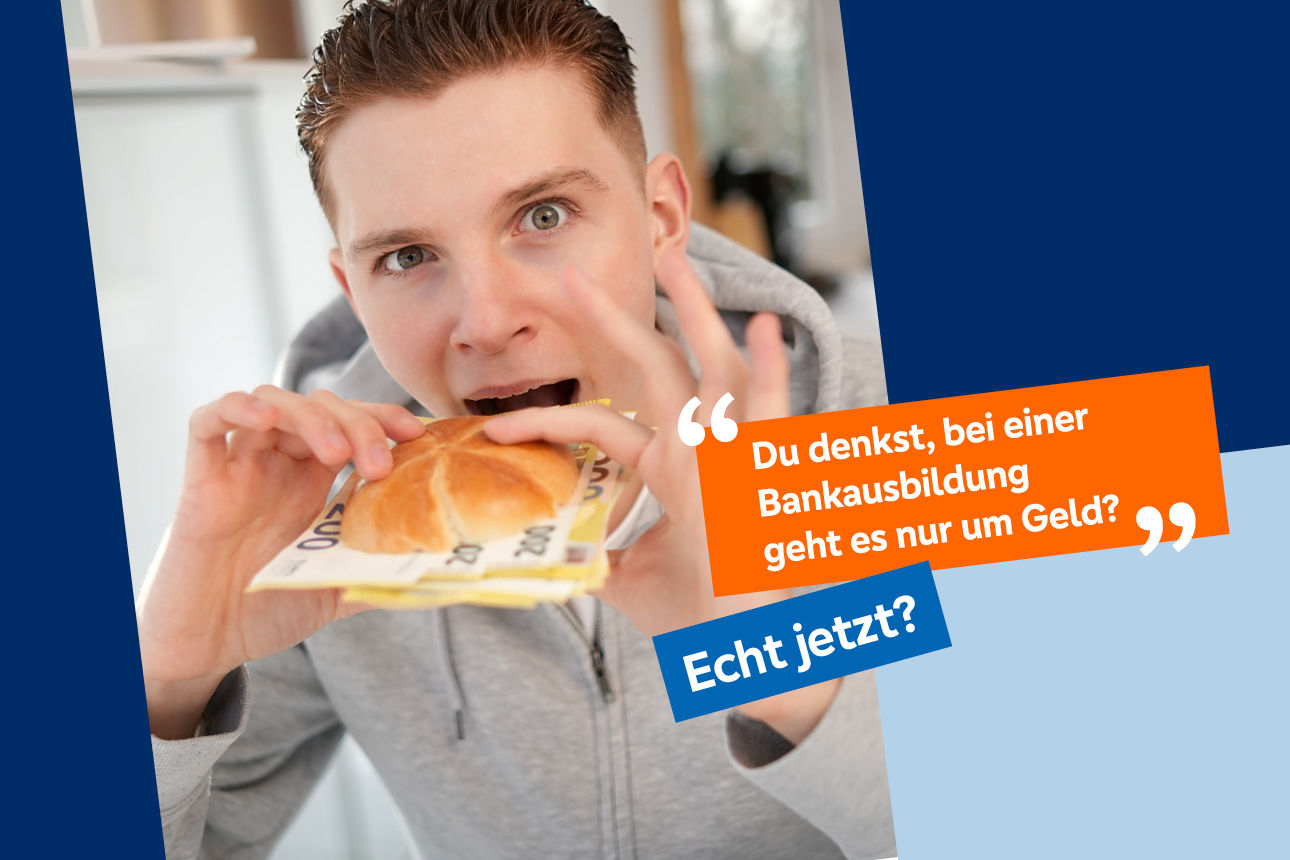Junge beißt in ein Brötchen mit Geldscheinen