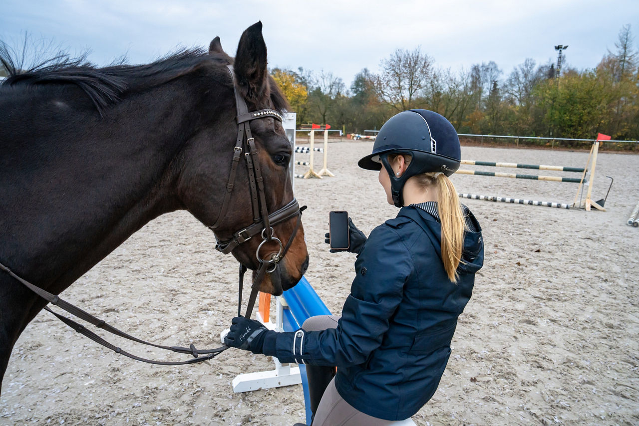 Frau mit Pferd auf Springparcours