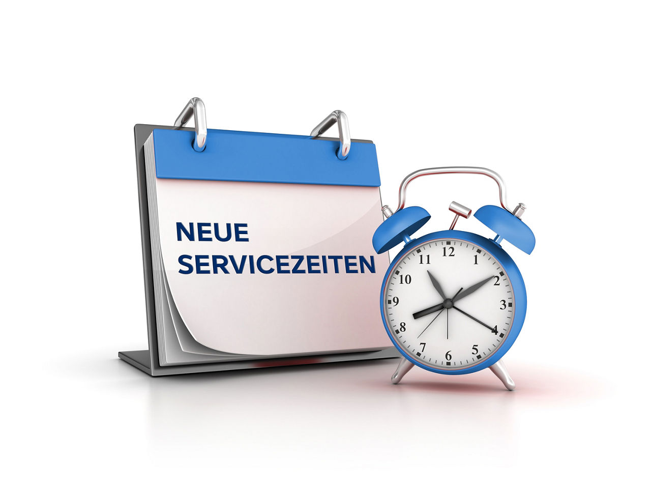 Tischkalender mit Text "NEUE SERVICEZEITEN" und Wecker mit "gültig ab 01.06.2025"