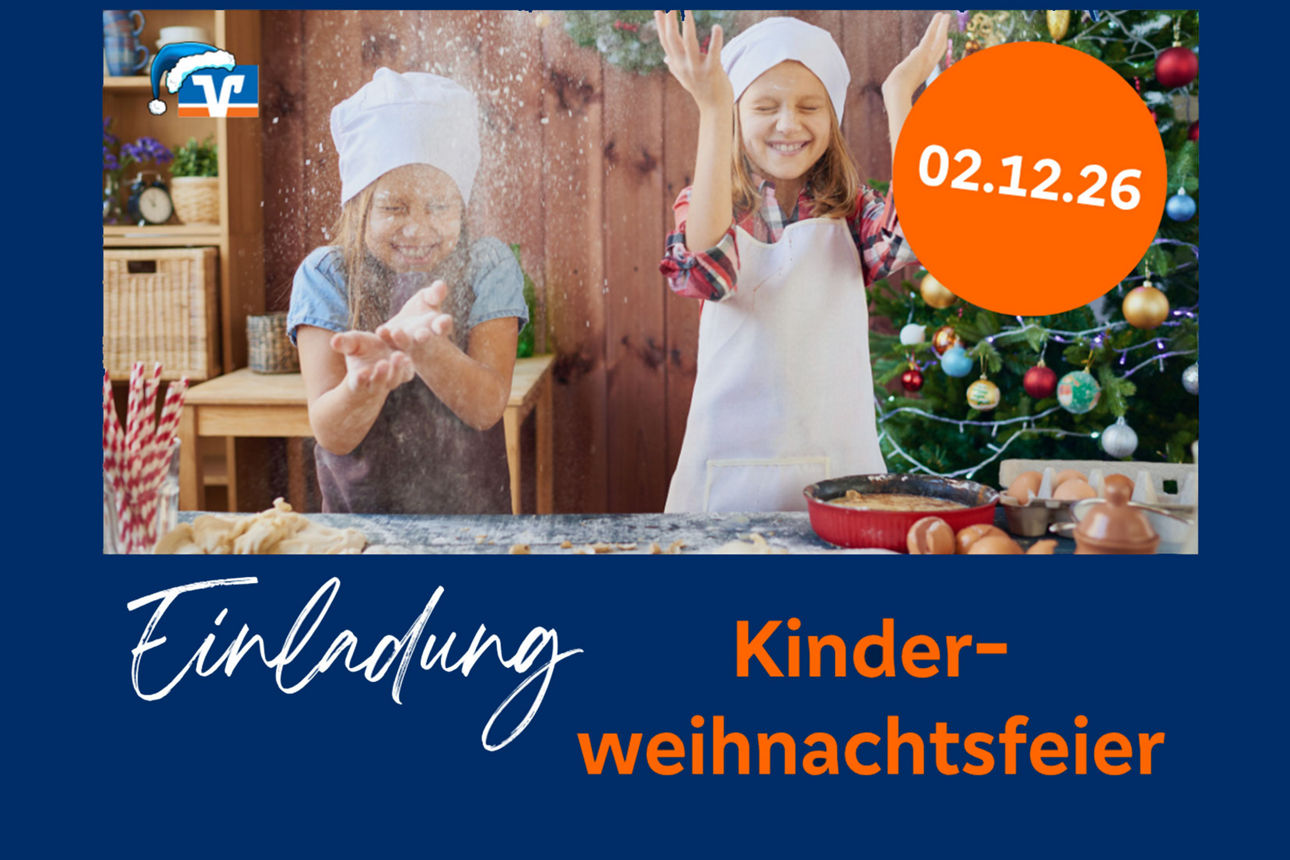 Foto von zwei fröhlichen Kindern beim Backen. Schriftzug" Einladung Kinderweihnachtsfeier 02.12.2026"
