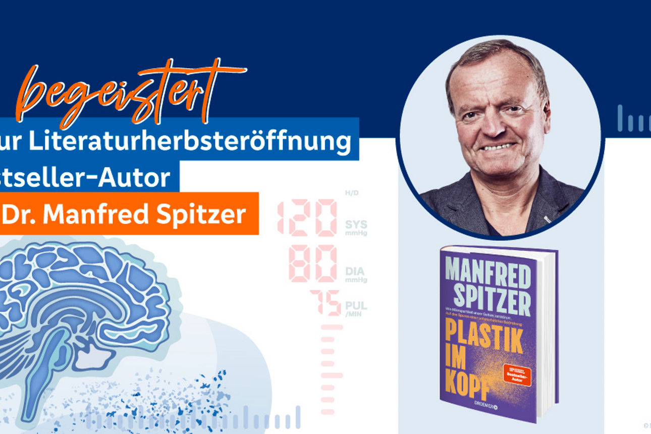 Das Bild zeigt Autor Prof. Dr. Dr.. Manfres Spitzer und sein Buch "Plastik im Kopf"
