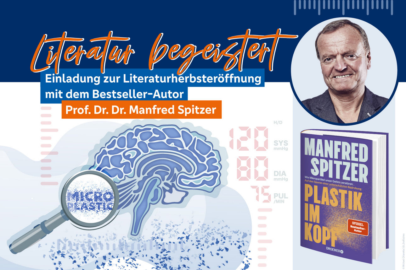 Das Bild zeigt Autor Prof. Dr. Dr.. Manfres Spitzer und sein Buch "Plastik im Kopf"