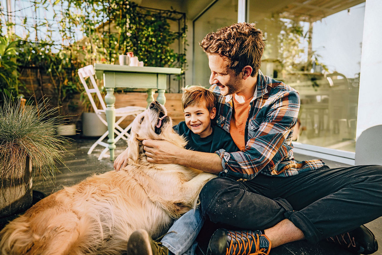 Vater uns Sohn sitzen auf dem Balkon und kraulen einen großen Hund