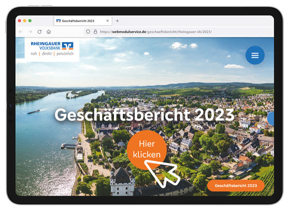 Titelbild des Geschäftsberichts 2023 - Luftaufnahme von Eltville am Rhein und Blick über den Rheingau