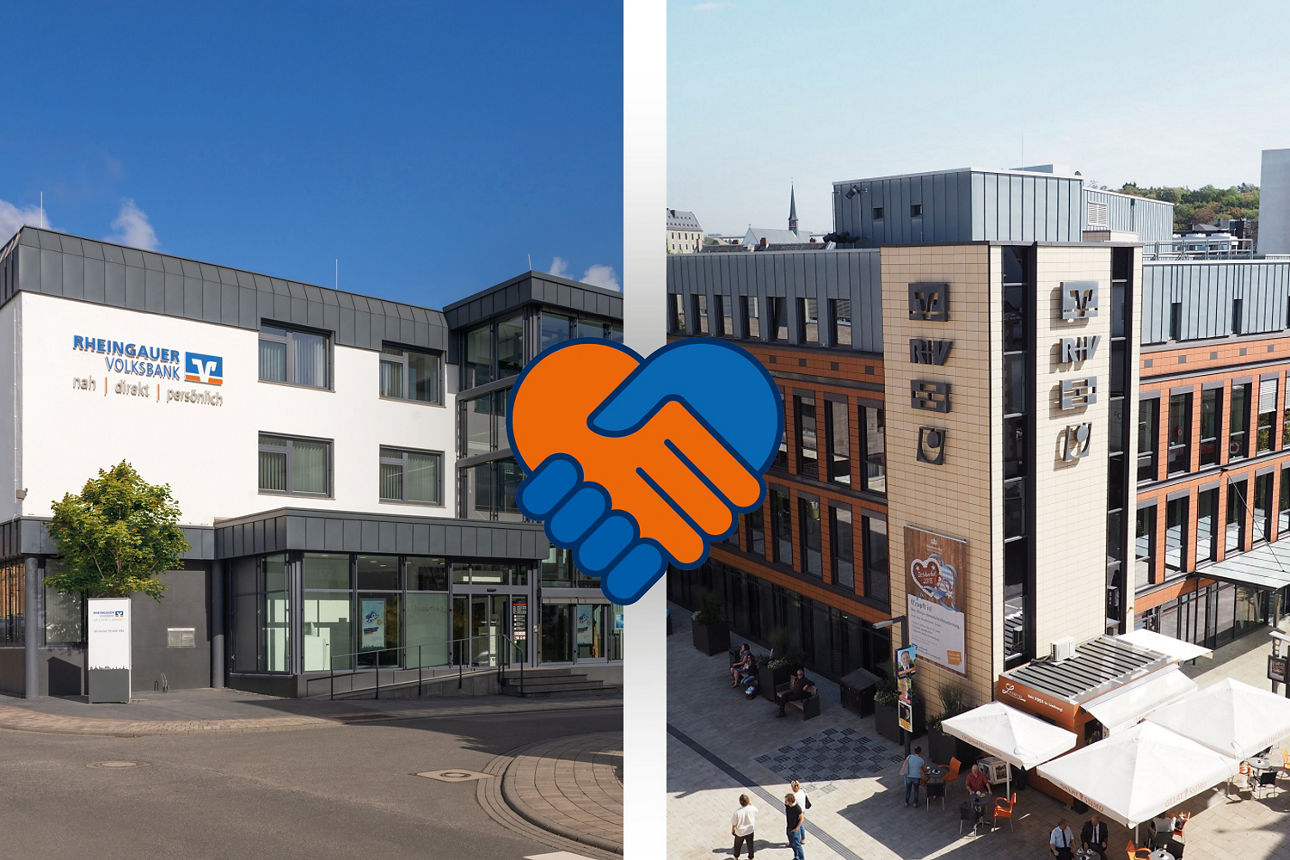 Zwei nebeneinander gezeigte Gebäude, links ein modernes weißes Bankgebäude mit dem Schriftzug 'RHEINGAUER VOLKSBANK', rechts ein größeres, mehrstöckiges Gebäude mit brauner Fassade und mehreren Schildern an der Außenwand
