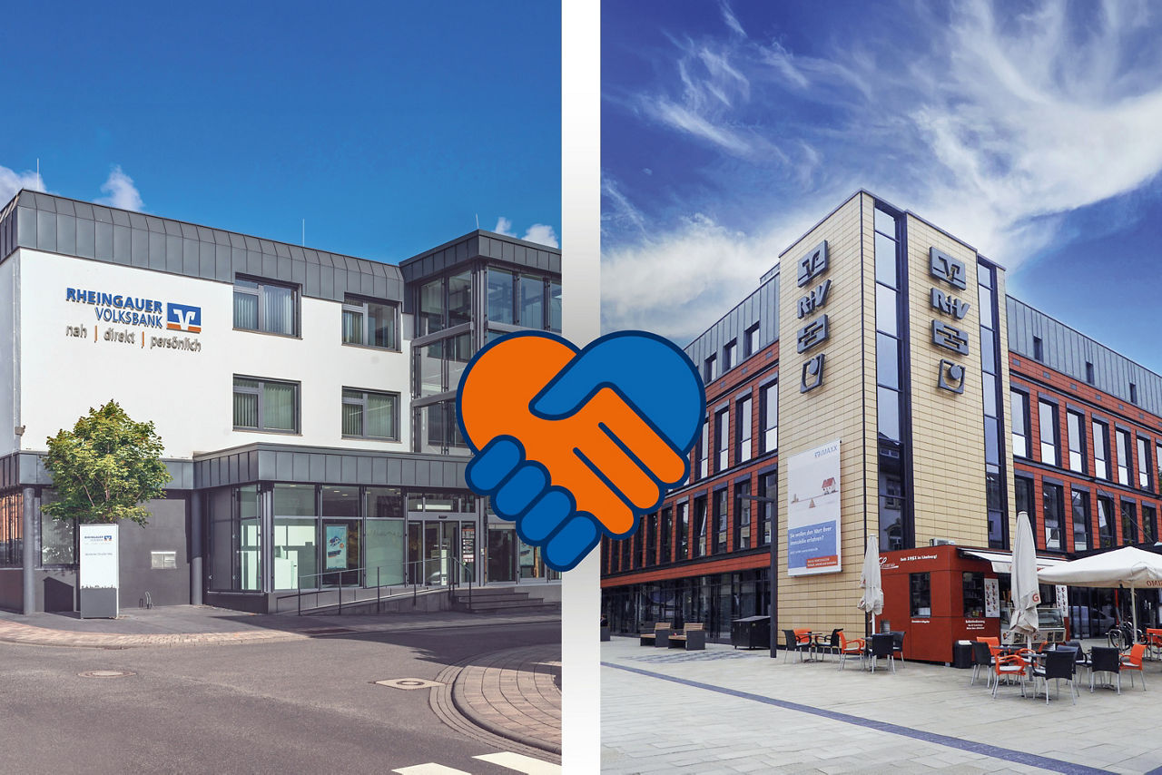 Zwei moderne Bankgebäude nebeneinander mit einem orange-blauen Handschlag-Symbol in der Bildmitte