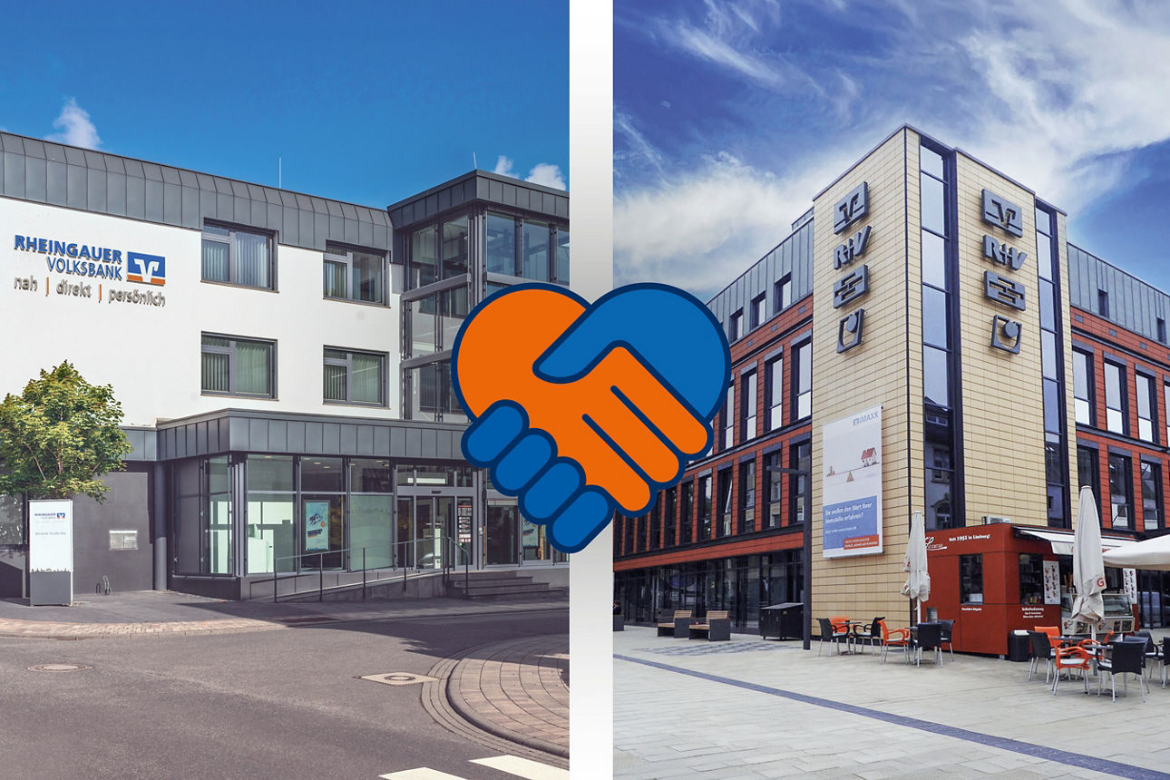 Zwei Fotos der Volksbankgebäude in Geisenheim und Limburg mit einem Handschlag-Symbol in der Mitte.