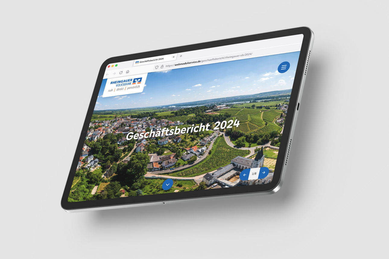 Tablet auf dem eine Luftbild von Geisenheim zu sehen ist - dazu die Überschrift Geschäftsbericht 2024
