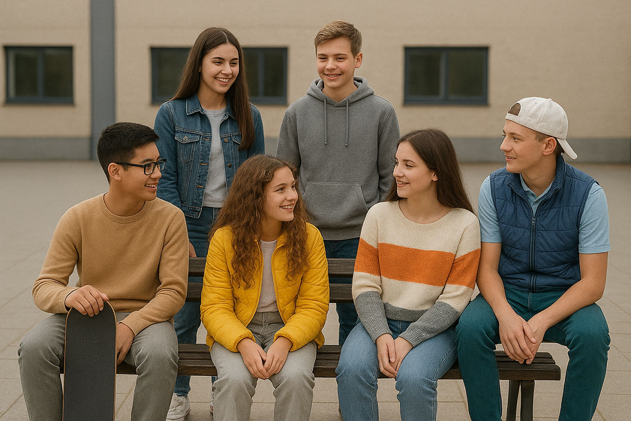 Gruppe von jungen Menschen sitzen in einem Schulhof auf einer Bank. 