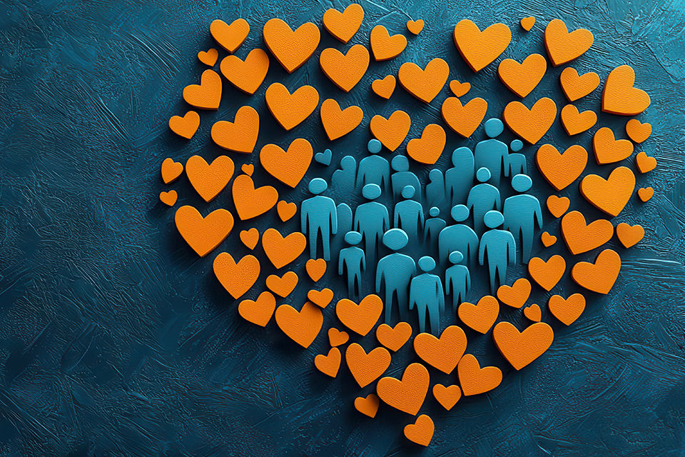 Orangefarbene Herzen formen ein großes Herz um blaue menschliche Figuren auf blauem Hintergrund.