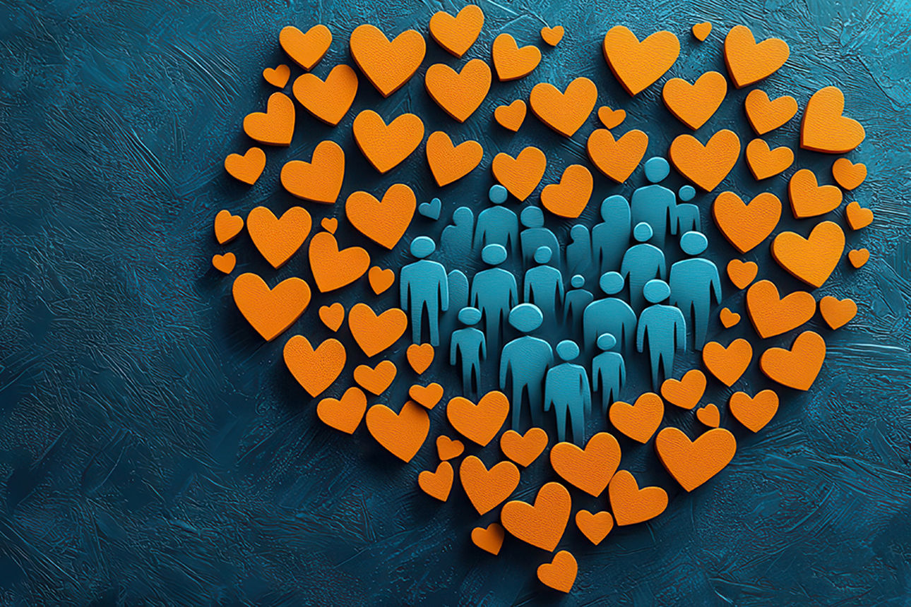 Orangefarbene Herzen formen ein großes Herz um blaue menschliche Figuren auf blauem Hintergrund.