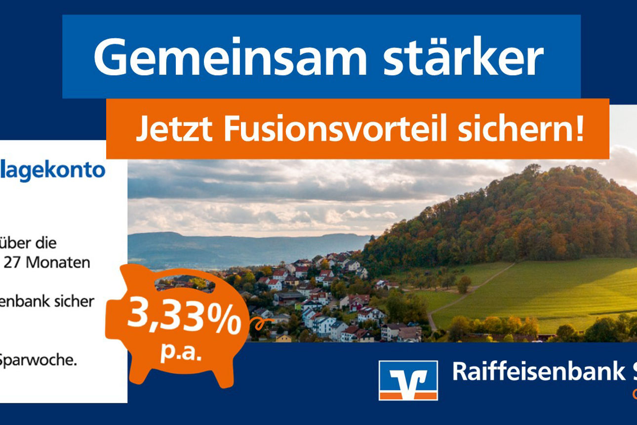 Werbebanner mit Text: Bild der Region und dem Angebot eines Fusions-Anlagekonto für 27 Monate  3,33 % p.a.