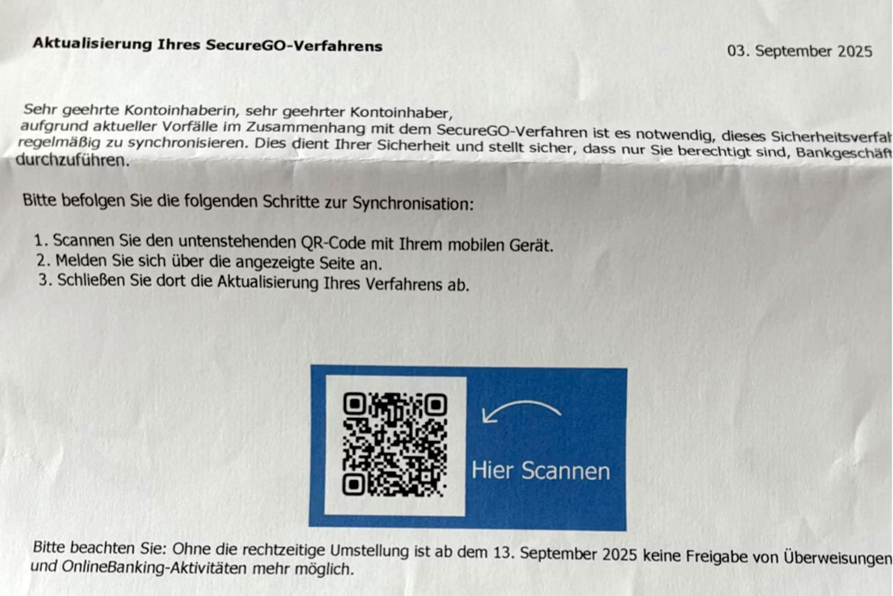 Beispielfoto eines Quishing-Briefes