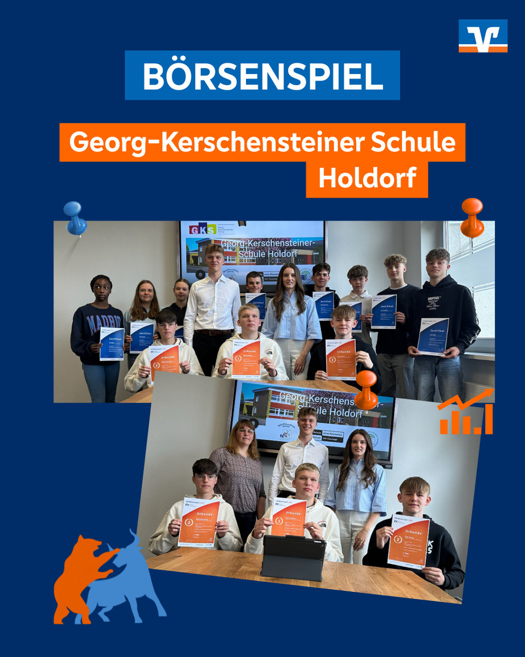 Komposition zweier Bilder mit den Siegern vom VR-Börsenspiel