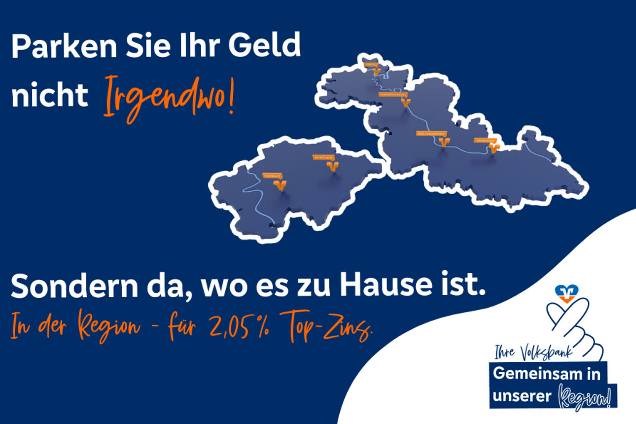 Es wird eine Landkarte des Geschäftsgebiets der Ihre Volksbank gezeigt. Und der aktuelle Top-Zins von 2,05%.