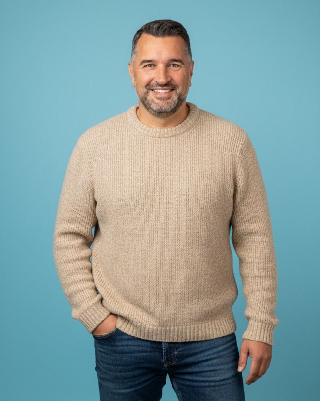Lächelnder Mann in beigem Pullover vor blauem Hintergrund