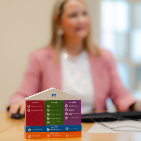 Das Finanzhaus steht im Fokus, im Hintergrund ist eine Person, die am PC arbeitet.