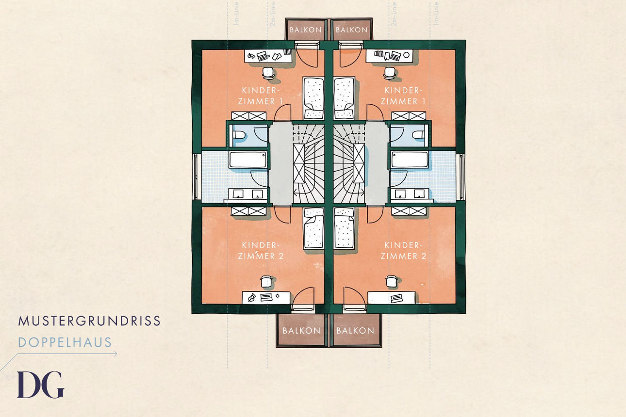 Website-Screenshot: Mustergrundriss Doppelhaus DG mit Kinderzimmern und Balkonen.